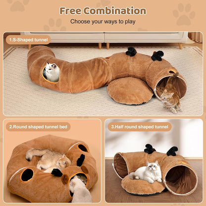 Cat Tunnel Bed, Foldable Cat Play Tunnels Reindeer Design Pet Donut Tunnel Bed with Ball & 4 Peek Holes, Cat Tunnel for Indoor Kitten Hideaway Interactive Cat Toys