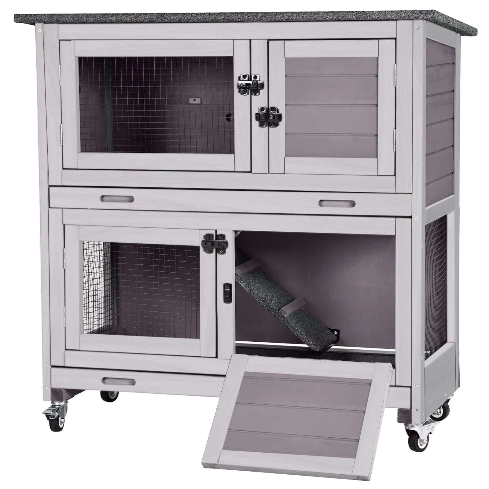 Gray two-layer wooden rabbit hutch with waterproof roof, metal wheels, and multiple access doors for indoor and outdoor use