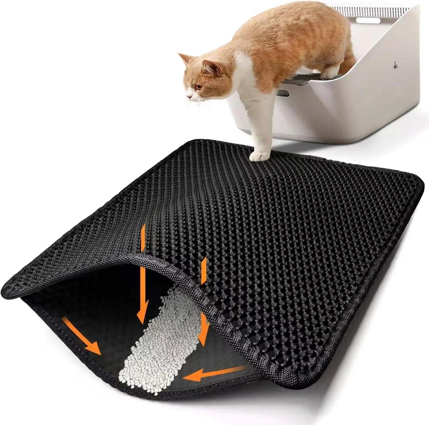 Cat Litter Trapping Mat with honeycomb holes, waterproof layer, and anti-slip bottom for clean floors and easy cleanup