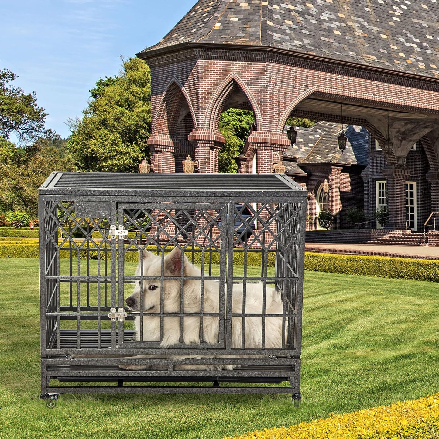 Heavy Duty Dog Cage for Large Dog Strong Metal Kennel and Crate Pet Playpen with Three Doors, Four Wheels,38 Inch,Y Shape,Silver … … …