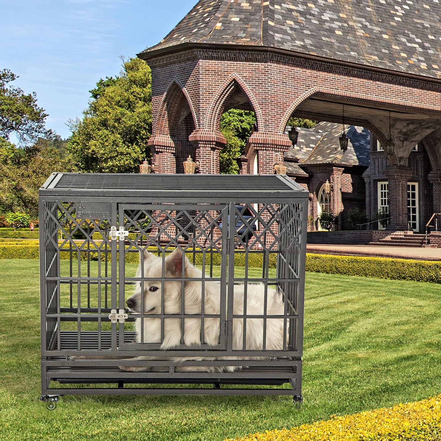 Heavy Duty Dog Cage for Large Dog Strong Metal Kennel and Crate Pet Playpen with Three Doors, Four Wheels,38 Inch,Y Shape,Silver … … …