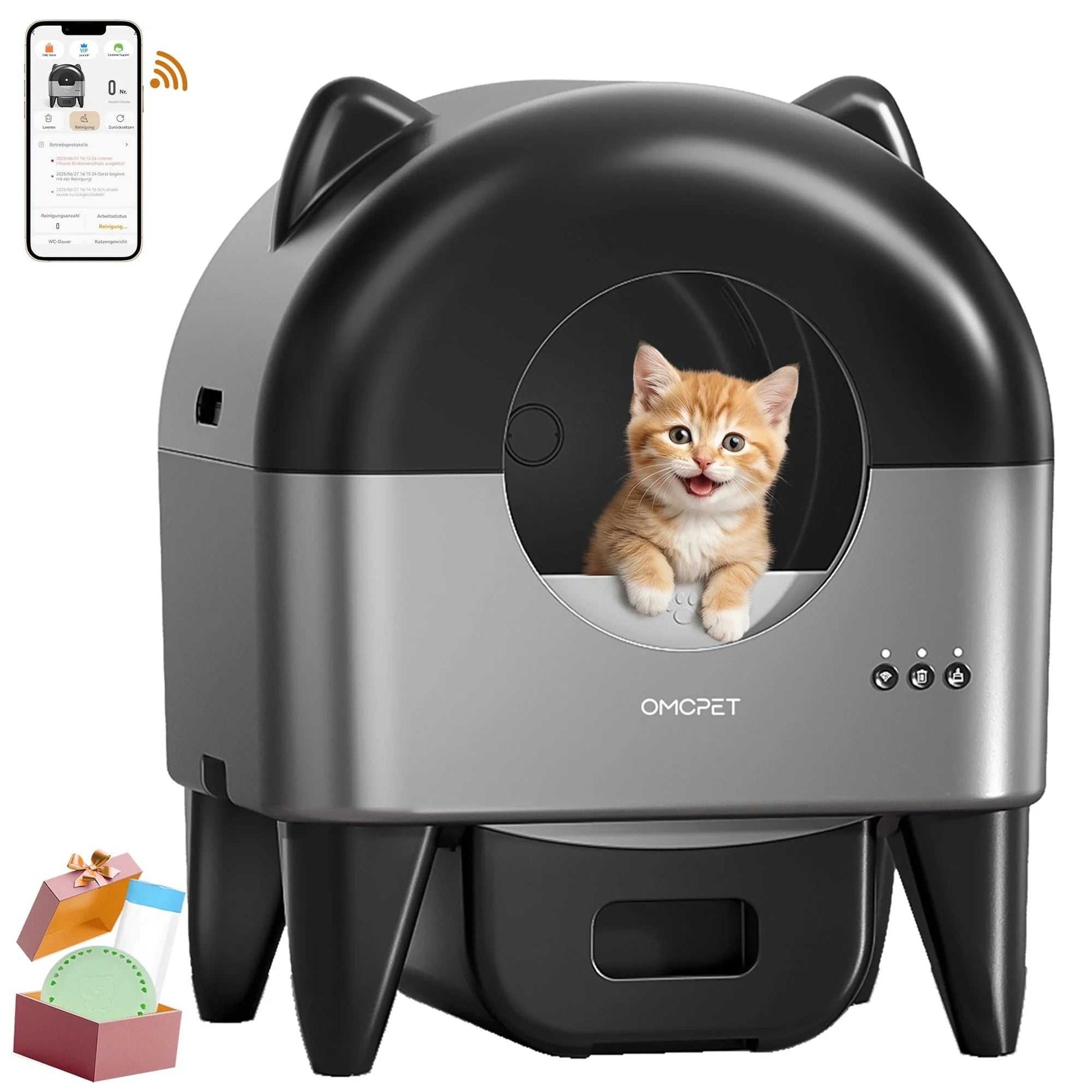 OMCPET black self cleaning cat litter box with safety sensors, app control, and odor management system
