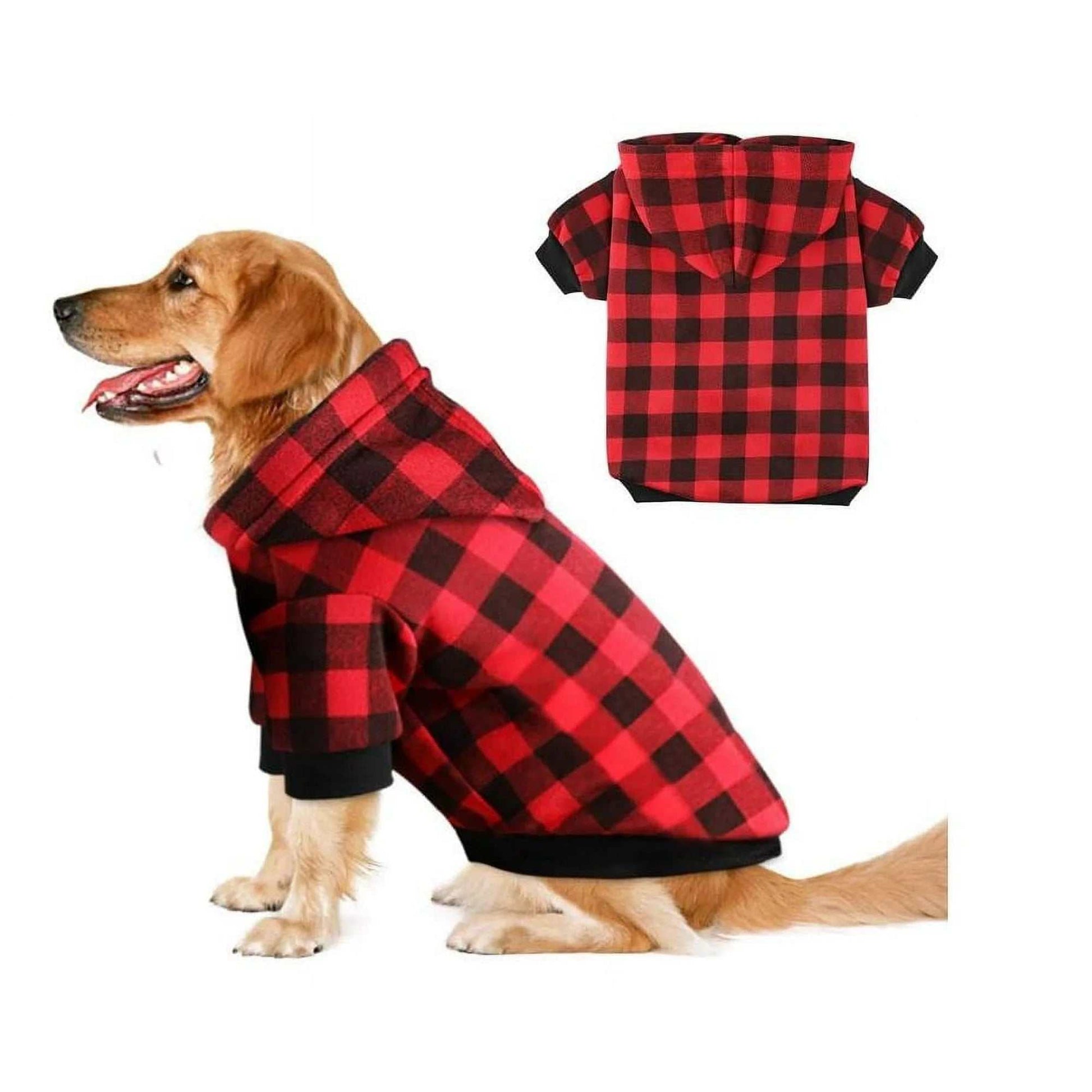 Small dog wearing warm red plaid dog hoodie sweatshirt with kangaroo pocket and leash hole