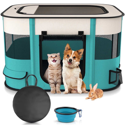 Foldable portable pet playpen with mesh windows, removable shade cover, and steel frame for indoor and outdoor use