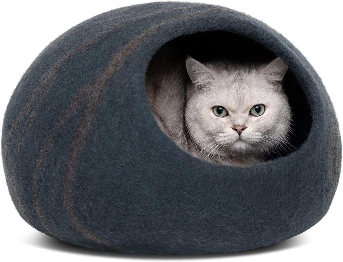 Large slate grey cat cave bed made of premium merino wool for indoor cats, eco-friendly and handmade