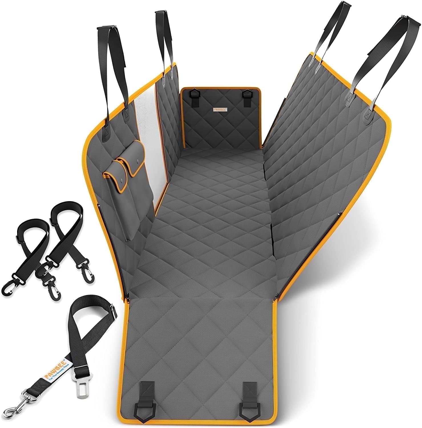 Waterproof dog car seat cover with nonslip backing, mesh window, and safety seat belt in back seat hammock style