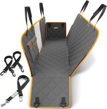 Waterproof dog car seat cover with nonslip backing, mesh window, and safety seat belt in back seat hammock style