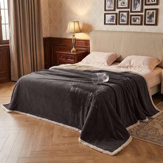 Reversible brown waterproof blanket for bed with sherpa and fleece, stain-proof and washable protector for couch, sofa, pets, and kids