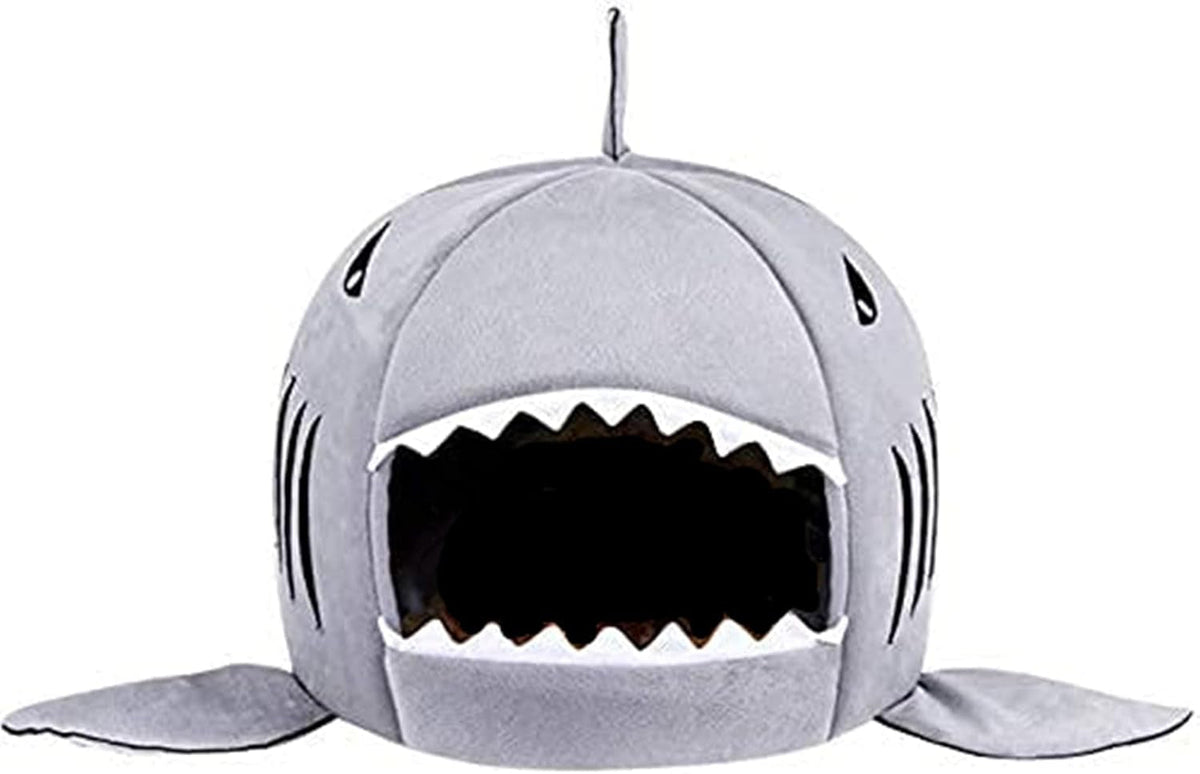 Dog bed shark design pet cave with removable cushion, waterproof bottom, and soft plush interior for small dogs and cats under 15lbs