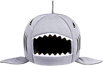 Dog bed shark design pet cave with removable cushion, waterproof bottom, and soft plush interior for small dogs and cats under 15lbs