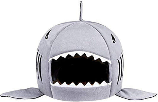 Dog bed shark design pet cave with removable cushion, waterproof bottom, and soft plush interior for small dogs and cats under 15lbs