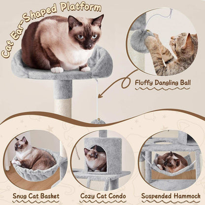 63.5In Multi-Level Cat Tree Tower Condo with Scratching Posts, Platform & Hammock, Cat Activity Center Play Furniture for Kittens, Cats, and Pets