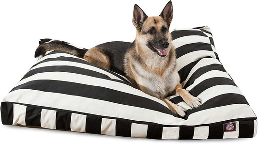Rectangle large dog bed with removable washable cover, vertical stripe design, waterproof base, and plush high-loft polyester fill for extra-large breeds in black.