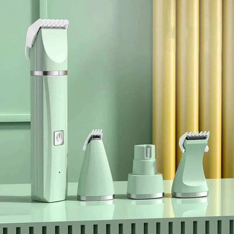 4 in 1 electric pet grooming kit with trimmer, clippers, nail grinder for cats and dogs in green and white