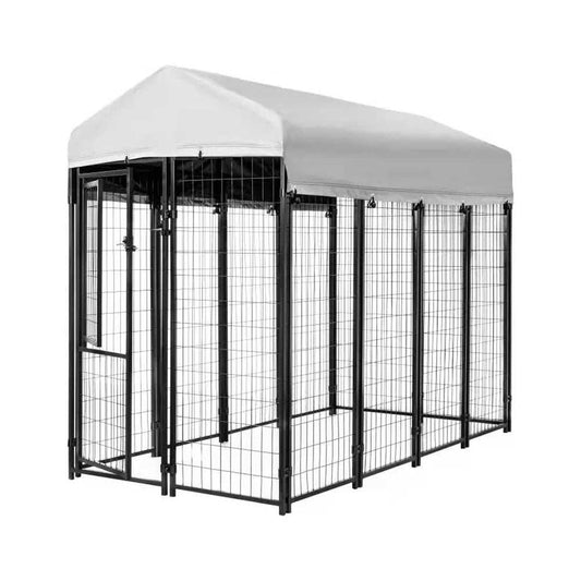 Black welded wire dog kennel 8x4x6 ft with waterproof cover and gate-in-gate design for indoor and outdoor use