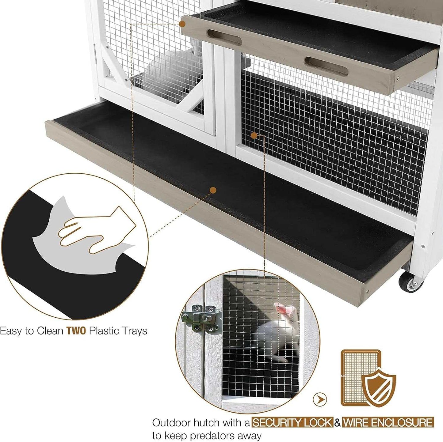 Indoor Rabbit Hutch Large Rabbit Cage, Outdoor Bunny Hutch Guinea Pig Cage - 4 Casters Include (Mocca Color without Bottom Wire Mesh)