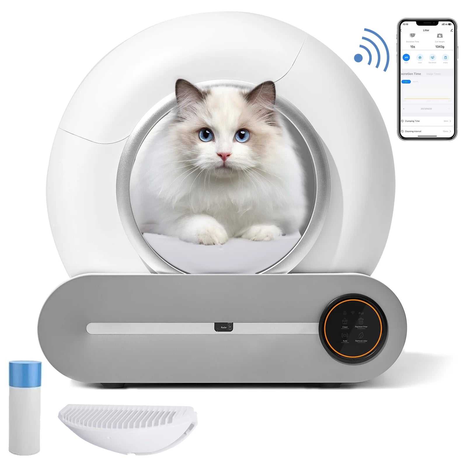Automatic self cleaning litter box with app control and safety features for cats
