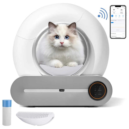 Automatic self cleaning litter box with app control and safety features for cats