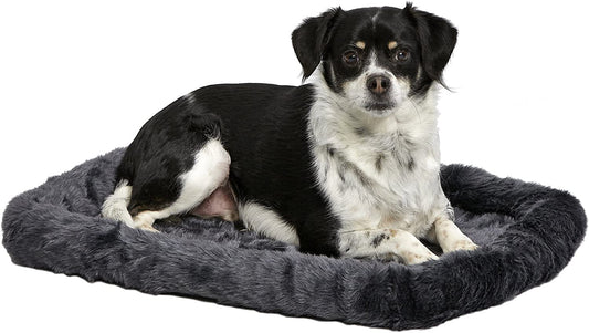 Midwest Homes for Pets gray faux fur bolster dog bed fitting 24-inch crates for small dogs and cats