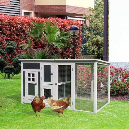 PawHut 63” wood indoor/outdoor chicken coop with grey and white paint, built-in nesting box, slide-out tray, and polycarbonate roof for poultry backyard use.