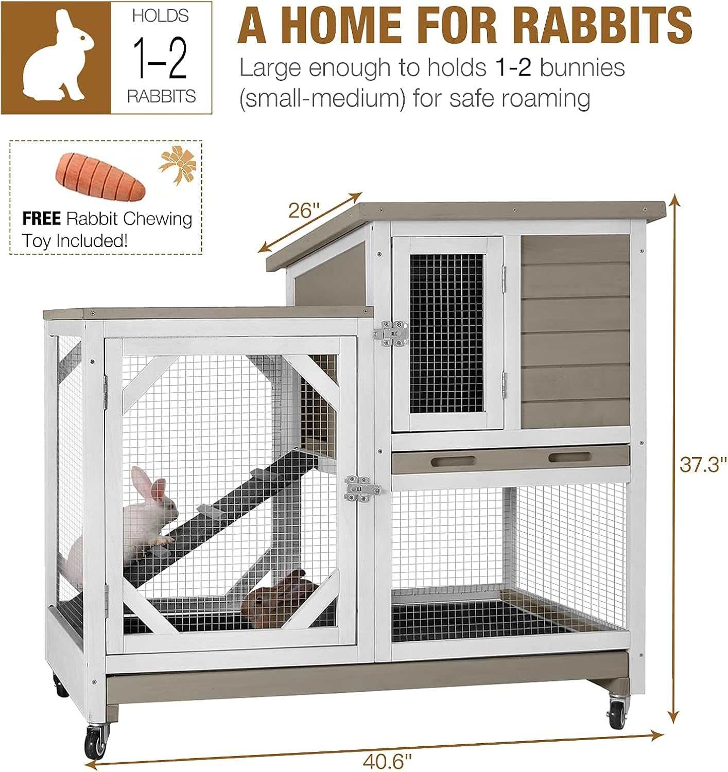Indoor Rabbit Hutch Large Rabbit Cage, Outdoor Bunny Hutch Guinea Pig Cage - 4 Casters Include (Mocca Color without Bottom Wire Mesh)