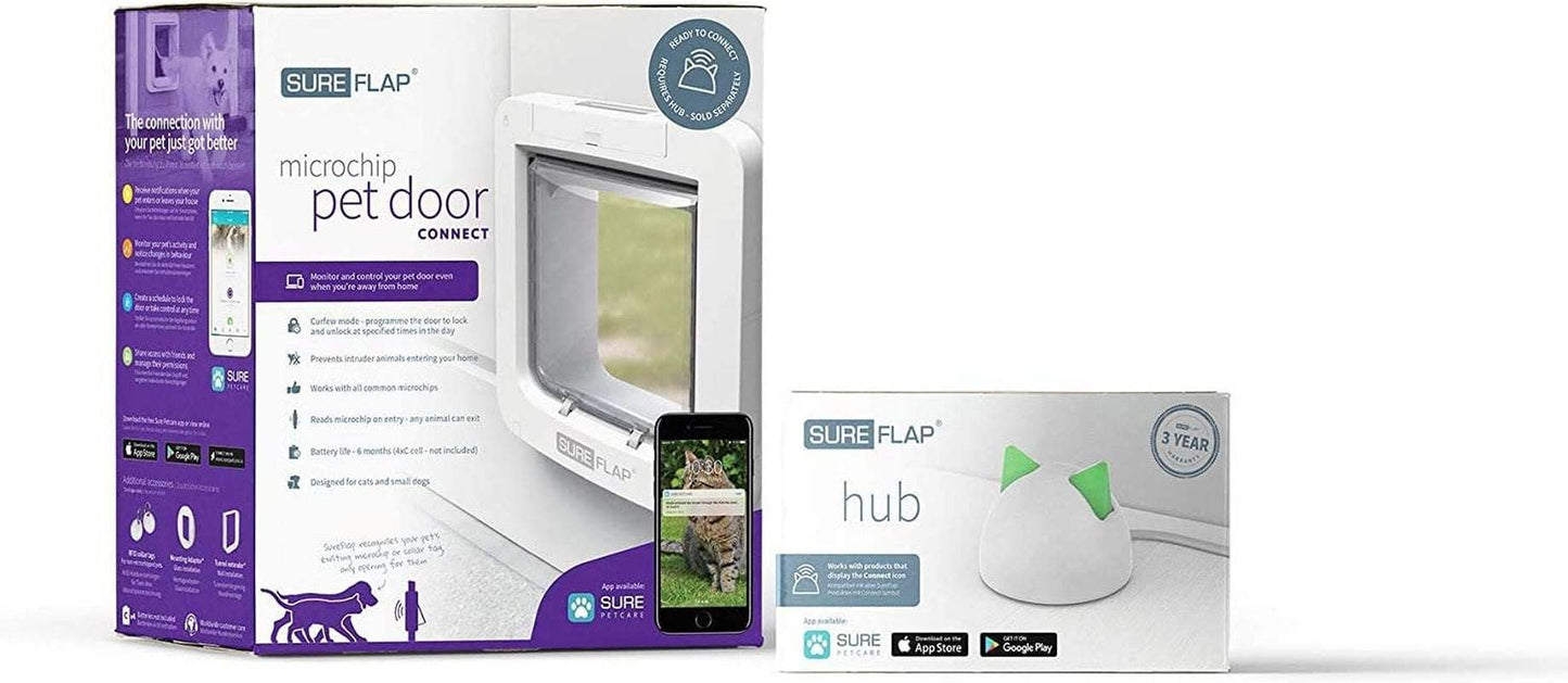 Sure Petcare  Microchip Pet Door Connect with Hub, Mobile App Control, Curfew Function, for Cats & Small Dogs, Install in Doors, Windows & Walls, White, 4 X C Batteries Required, Not Included