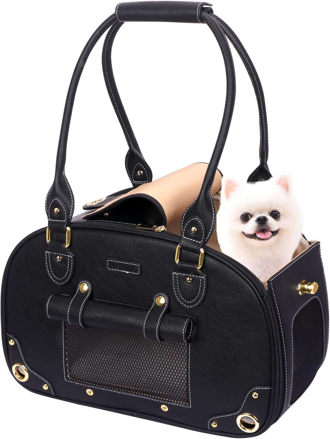 Black foldable waterproof PU leather portable bag carrier for small dogs and cats
