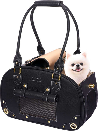 Black foldable waterproof PU leather portable bag carrier for small dogs and cats