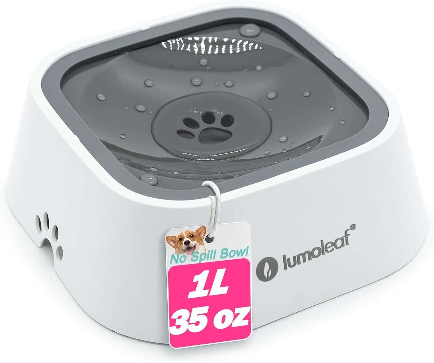 Grey no spill water bowl for dogs with splash-proof floating disk and anti-slip base, 35oz capacity