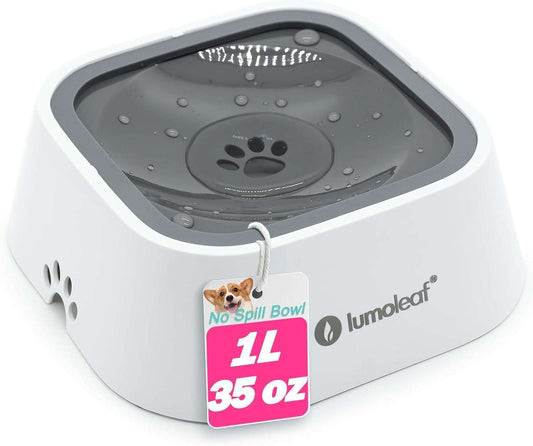 Grey no spill water bowl for dogs with splash-proof floating disk and anti-slip base, 35oz capacity