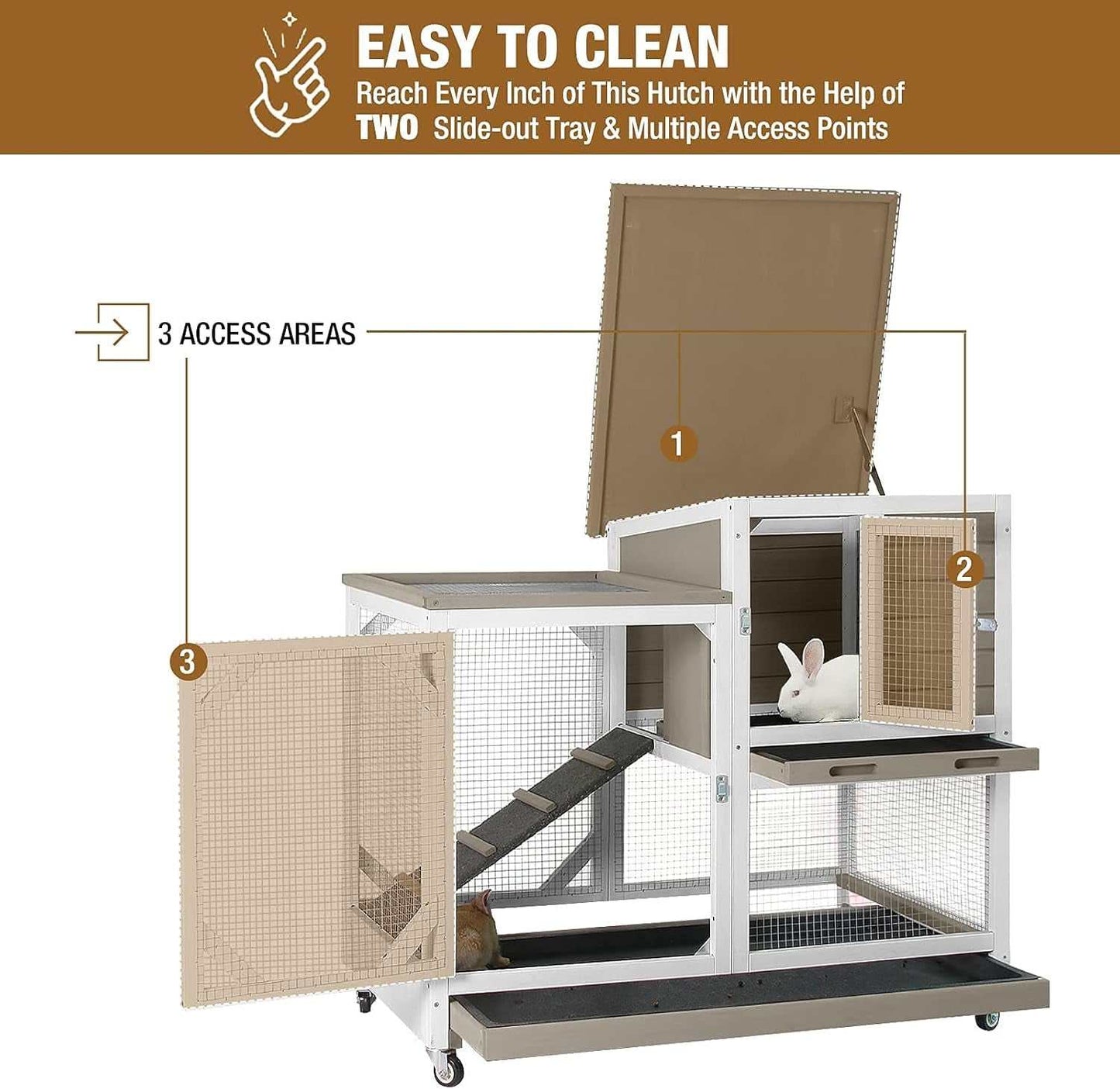 Indoor Rabbit Hutch Large Rabbit Cage, Outdoor Bunny Hutch Guinea Pig Cage - 4 Casters Include (Mocca Color without Bottom Wire Mesh)