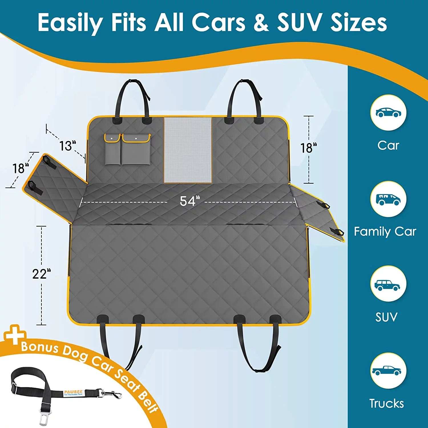Dog Car Seat Cover, Waterproof & Nonslip Back Seat Hammock with Mesh Window & Seat Belt
