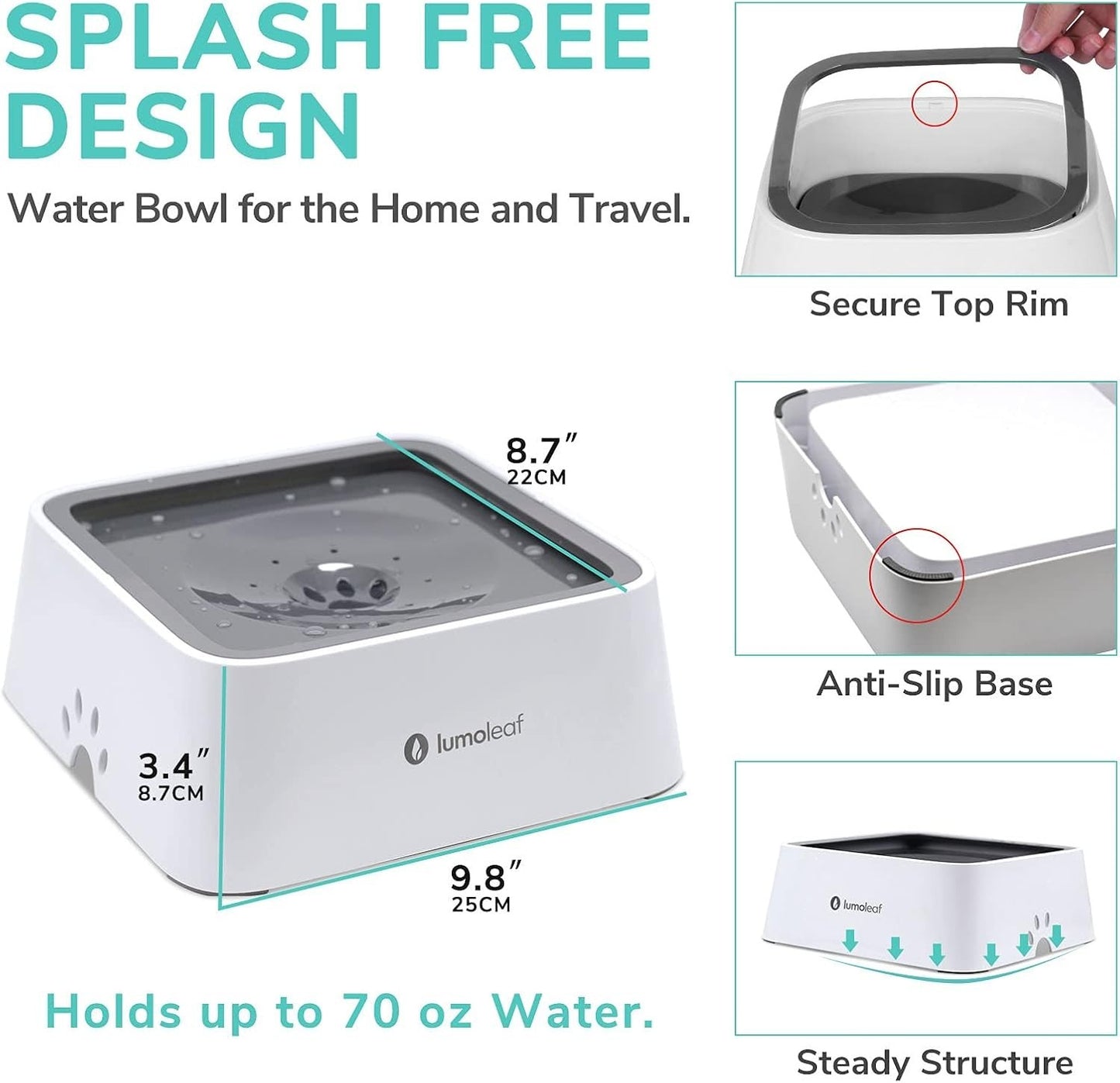 Large No Spill Slow Feed Dog Water Bowl Vehicle Travel Filter 70Oz 2L Capacity