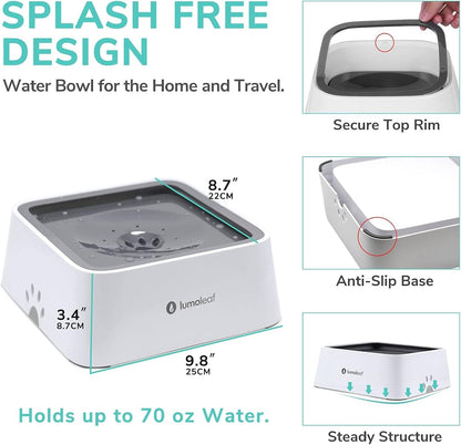 Large No Spill Slow Feed Dog Water Bowl Vehicle Travel Filter 70Oz 2L Capacity